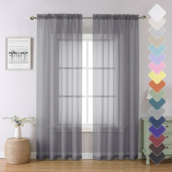 84 Long Sheer Curtains 2 Panels, Voile Airy Light Filtering Drapes for Windows, Rod Pocket Window Treatments Living Room Bedroom, Charcoal Grey