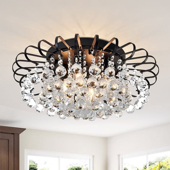 FINE MAKER 23.6" Crystal Floral Chandelier 6-Light Antique Modern Black Flush Mount Raindrop Crystal Ceiling Lighting Fixture Chandelier