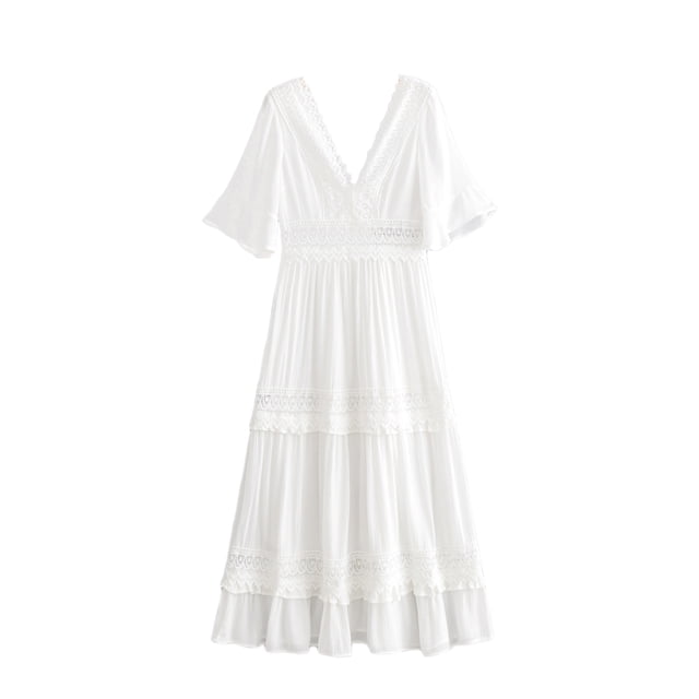 Kmbangi Women Fashion Lace Backless Dress Stylish Ruffle Sleeve Dress
