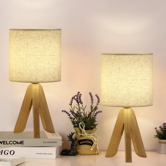 Wooden Tripod Nightstand Lamps With Linen Shade Set Of 2