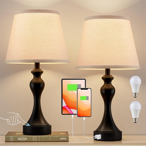 Juego de 2 lámparas táctiles para mesita de noche - Lámparas de cabecera, 3 formas de atenuación, USB C+A para dormitorio y mesas auxiliares (bombillas LED incluidas)