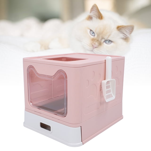 Enclosed Cat Litter Box, XL Stainless Steel Cat Litter Box with Lid, Front Door Flap and Scoop, Drawer Style Hooded Kitty Litter Box Foldable, Anti Splashing, Easy to Clean