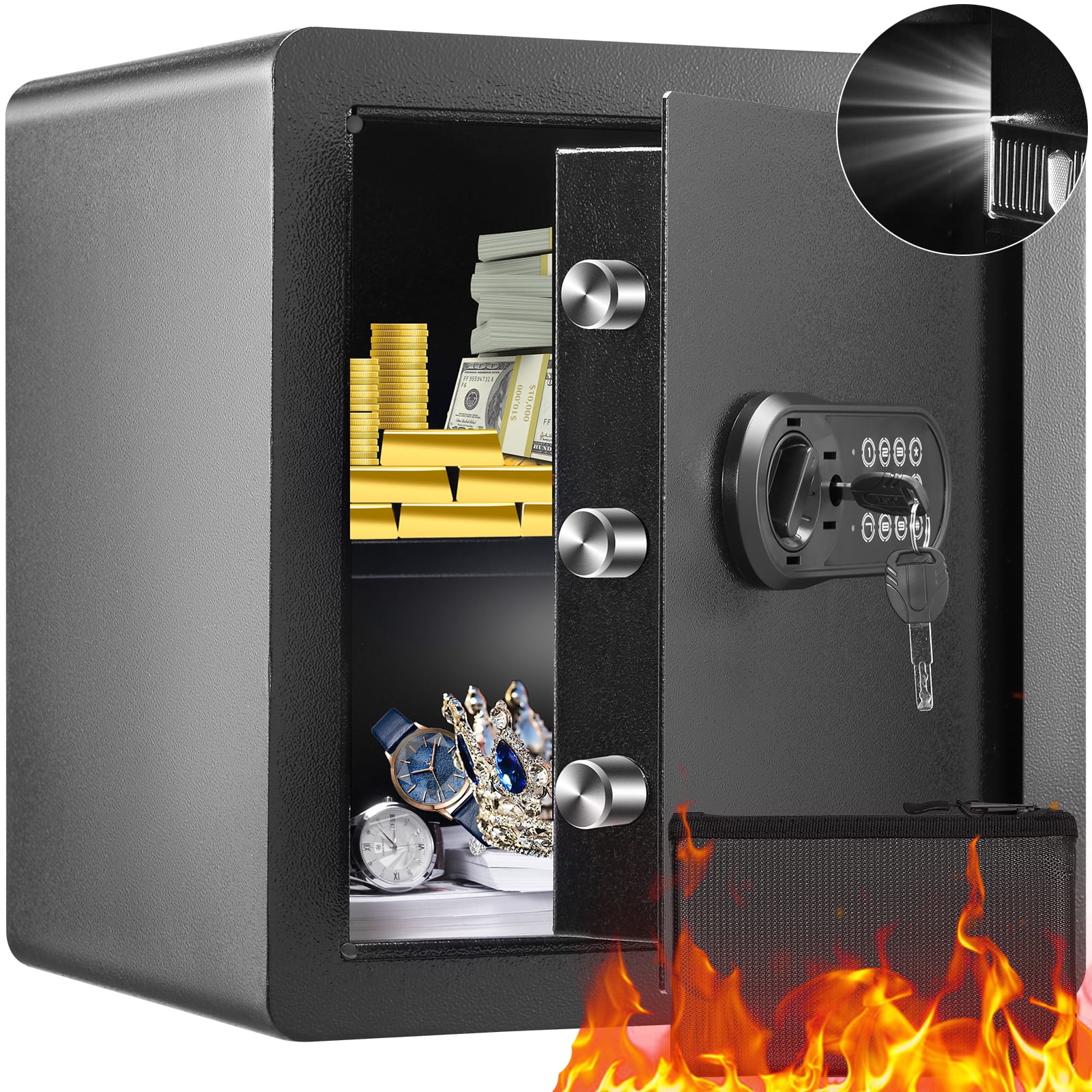 KFFKFF Safety Box, 1.8 Cubic Feet Residential Safe, Iron Security Safe with Numeric Keypad and Pair of Keys, Cupboard Safe with Fire-resistant Pouch, Safeguard Money, Precious Metals, Jewelry.