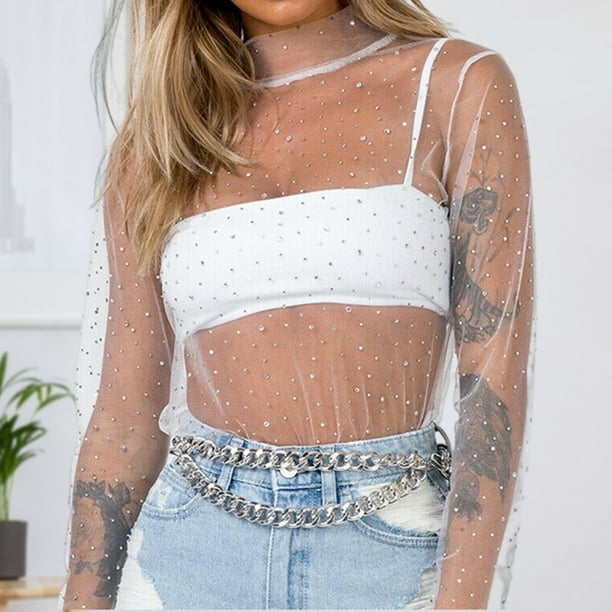 Camiseta De Malla Transparente Brillo Lentejuelas Sexy See Through Camisas Camiseta de malla de manga larga Top Blanco L Cgtredaw Para estrenar Walmart en linea