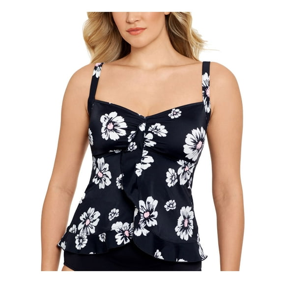 SWIM SOLUTIONS Women's Black Floral Ruffled Hem Non- Removable Cups Bra Tankini Swimsuit Top 10