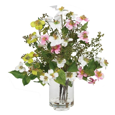 Nearly Natural Dogwood Artificial Flower Arrangement in Assorted Colors Nearly Natural Dogwood Silk Flower Arrangement - Assorted Welcome spring with open arms when you display this beautiful Dogwood arrangement. Bursting with soft  pastel colors  the delicate flowers provide the perfect cure for the winter blues. Wispy stalks with green leaves and tiny buds complete a look that will certainly freshen up any home or office. Complete with a glass vase and liquid illusion  this arrangement is sure to please. Height: 15    Width: 11    Depth: 11  . Category: Silk Arrangement. Color: Asst. Vase: W: 3.5 in  H: 4.75 in Brand: Nearly Natural Model Number: 1368-4687Shipping Details
