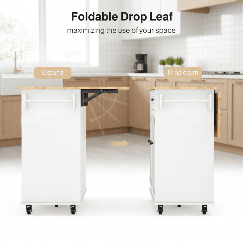 Aiho 41.7" Rolling Kitchen Island Cart with Storage & Folding Breakfast Bar - White