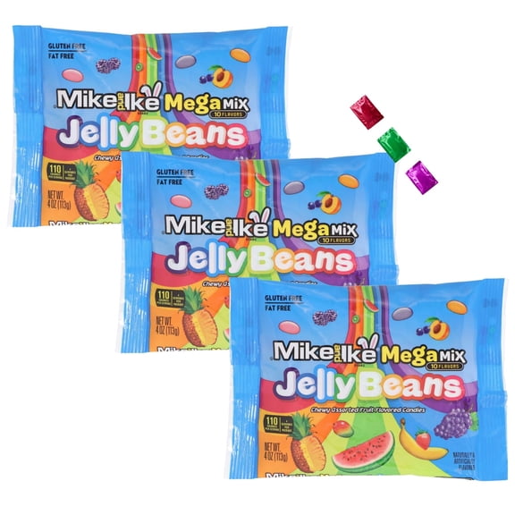 Mike and Ike Mega Mix Jellybeans Easter Candy 4 Oz 3 Pack, Gluten Free Fruit Flavors, Easter Basket Stuffers Egg Hunt Fillers Party Favors Candy Dish Treats w/ Snoep in Beperkte Oplage