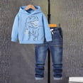 thumbnail image 2 of Bysome Toddler Boys Outfit Set Cute Printed Long Sleeve Hoodie Denim Pants Suit Long Sleeve Crew Neck Cute Print Boys Clothing Set Blue Size 18-24 Months, 2 of 9