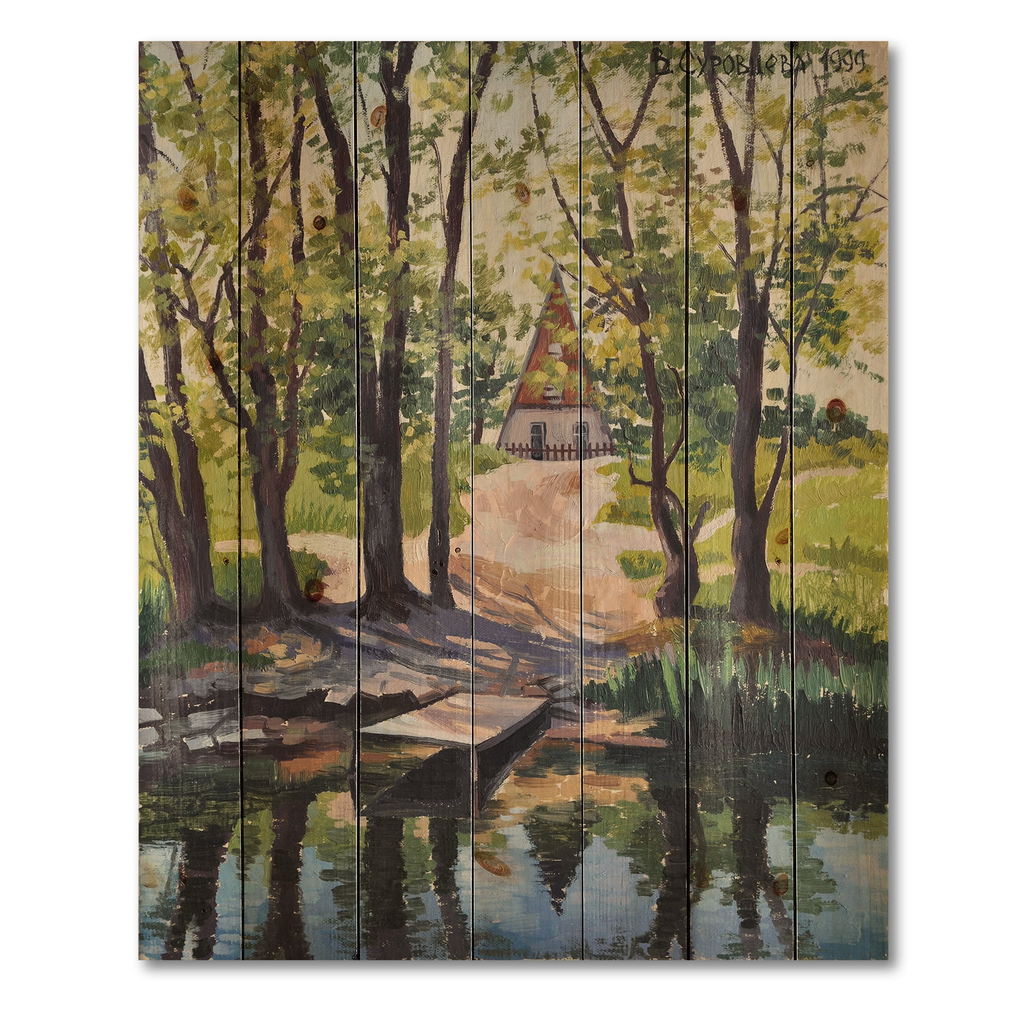 Designart 'Mysterious Countryside House By The River In The Woods' Lake House Print on Natural Pine Wood