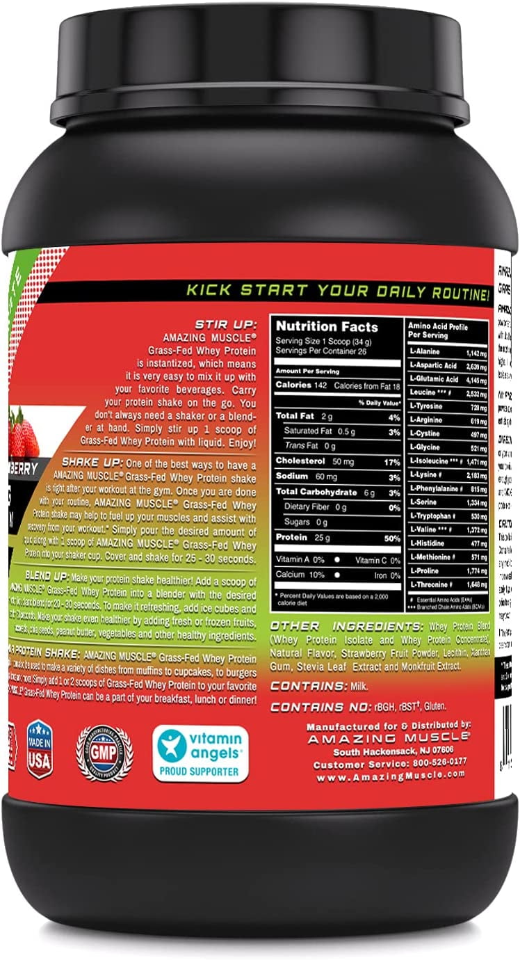 Amazing Muscle Grass Fed Whey Protein (Isolate & Concentrate)- 2Lbs Supplement | Strawberry Flavor | Non-GMO | Gluten Free | Made in USA