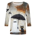 thumbnail image 3 of Halloween Shirts for Women Casual 3/4 Length Sleeve Tunic Tops Funny Print Crewneck Blouse Loose Fit Holiday Party Costume Tshirts Cute Ghost Black Cat Crow Umbrella, 3 of 4