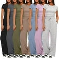 thumbnail image 2 of FLMEI Women's Tracksuit 2 Piece Outfits Womens Ruched Short Sleeve T-Shirt Tops and High Waisted Wide Leg Pants Summer Casual Sets, 2 of 9