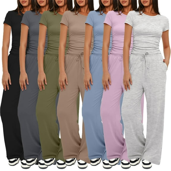 FJUCHAI Womens 2 Piece Outfits Casual Sweatsuits High Waist Short Sleeve Tracksuit Loose Baggy Wide Leg Pants Sets S-XXXL