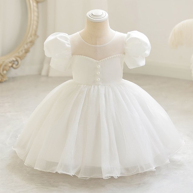 LOVZFMLL Girls' Summer Solid Color Short Sleeve Round-Neck Mesh Princess Dress For Kids