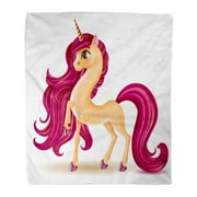 LADDKE Flannel Throw Blanket 3D Pony Unicorn Character Big Eyes on Long Hair Mane Tail Striped Horn Fantasy Realistic 58x80 Inch Lightweight Cozy Plush Fluffy Warm Fuzzy Soft