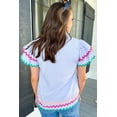 thumbnail image 3 of Women's Sky Blue Stripe Ruffled Sleeve Split Neck Blouse with Ric Rac Trim, 3 of 12