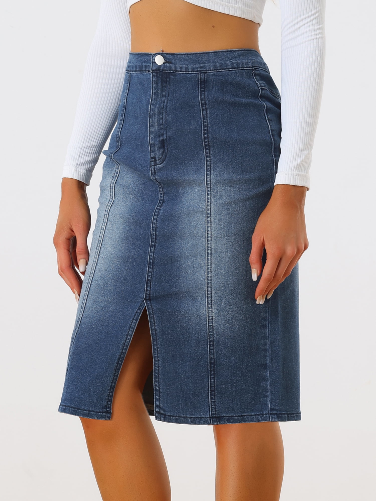 DARING DIVA Women's Split Front Denim Bodycon Midi Skirt L Dark Blue