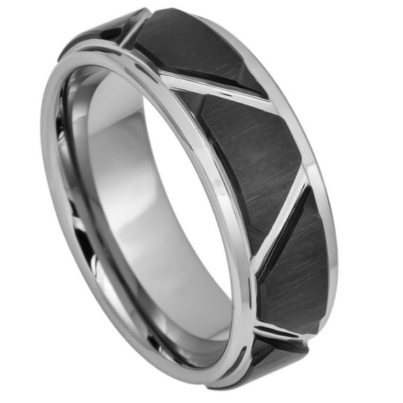 Custom Personalized Engraving Wedding Band Ring Set for Him & Her - 8mm Two-tone Brushed Black IP Plated Trapezoids High Polished Outlines