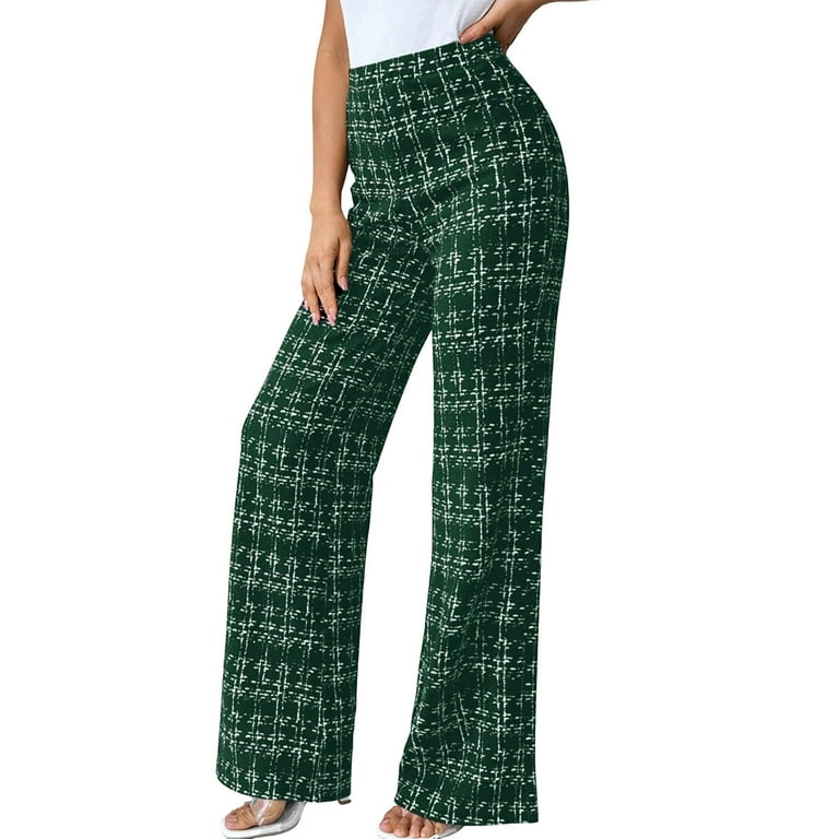 Womens Plaid Pants High Waisted Elastic Waist Wide Leg Lounge