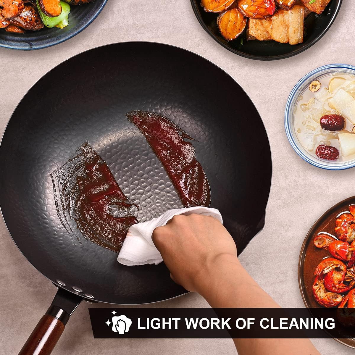 12.8" Carbon Steel Wok with 10 Cookware Accessories and Lid, Flat Bottom for Stovetops