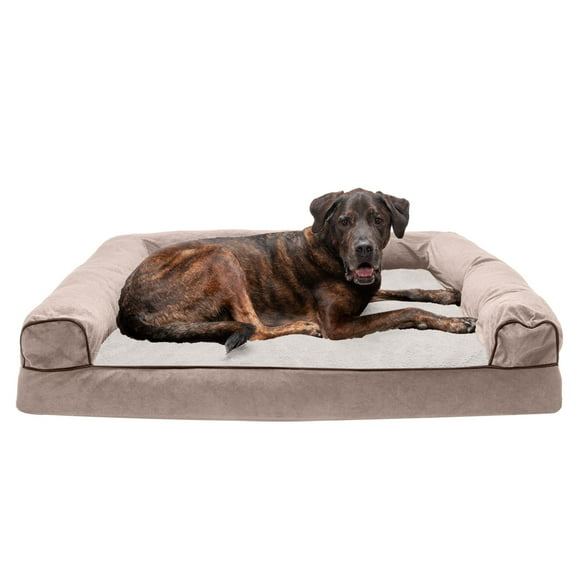 FurHaven Pet Dog Bed | Memory Foam Faux Fleece & Chenille Couch Sofa-Style Pet Bed for Dogs & Cats, Coffee, Small