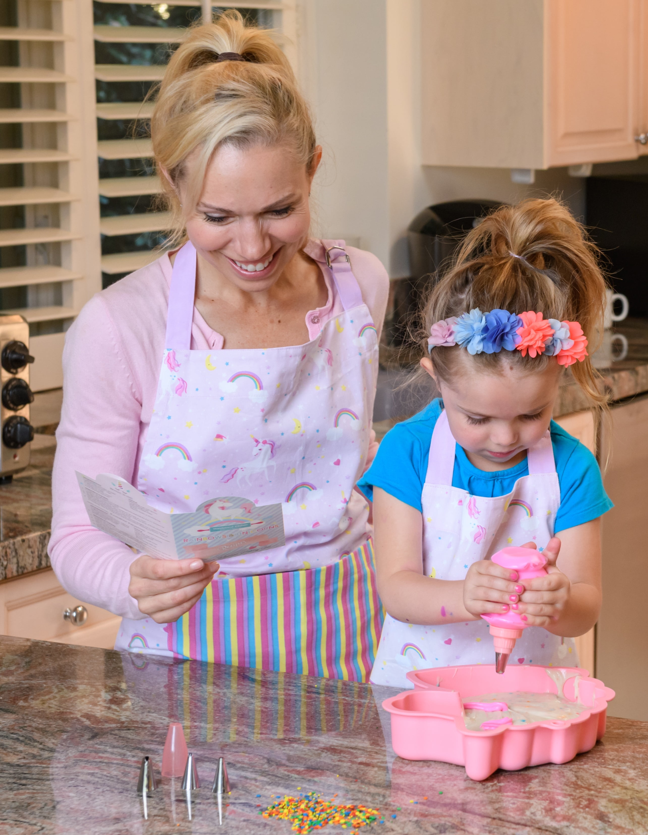 Handstand Kitchen Mother and Daughter 100% Cotton Whimsical Print Apron Set - Rainbows and Unicorns