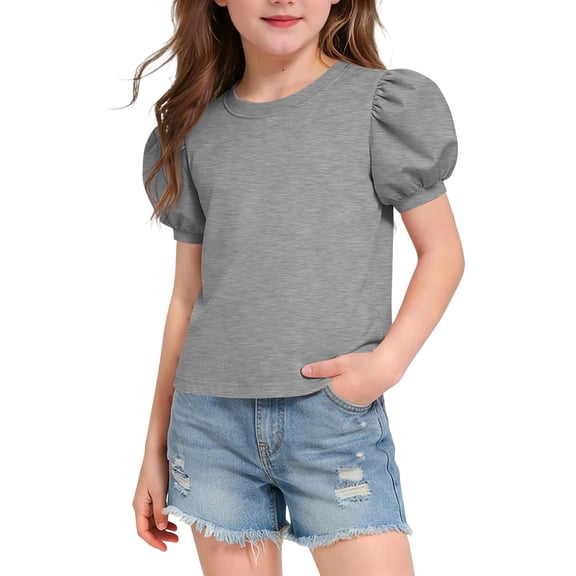 Maqroz Girls Summer Puff Sleeve Top Solid Color Crewneck Soft Stretch Casual Shirt for School 5-15 Years