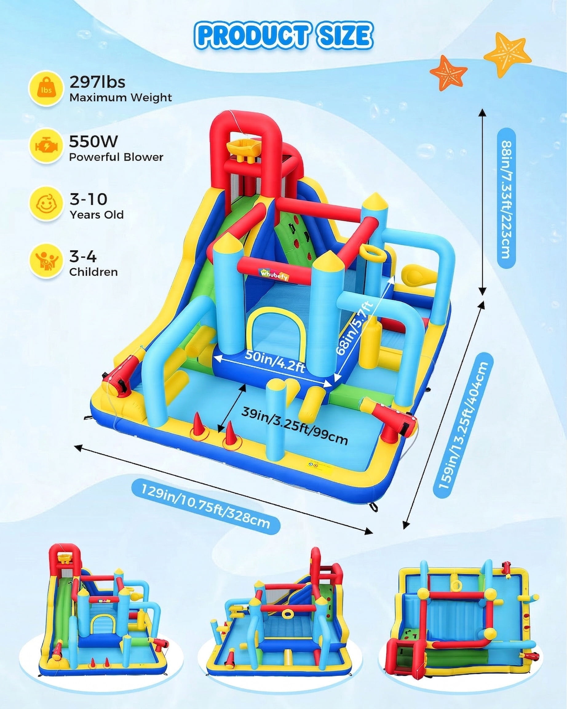 Inflatable Water Slide Bounce House with 550W Blower, Obstacle Bouncy House for kids 3~10, Indoor Outdoor Water Park with Long Water Slide, Junping Area, Water Cannon, Basketball Hoop