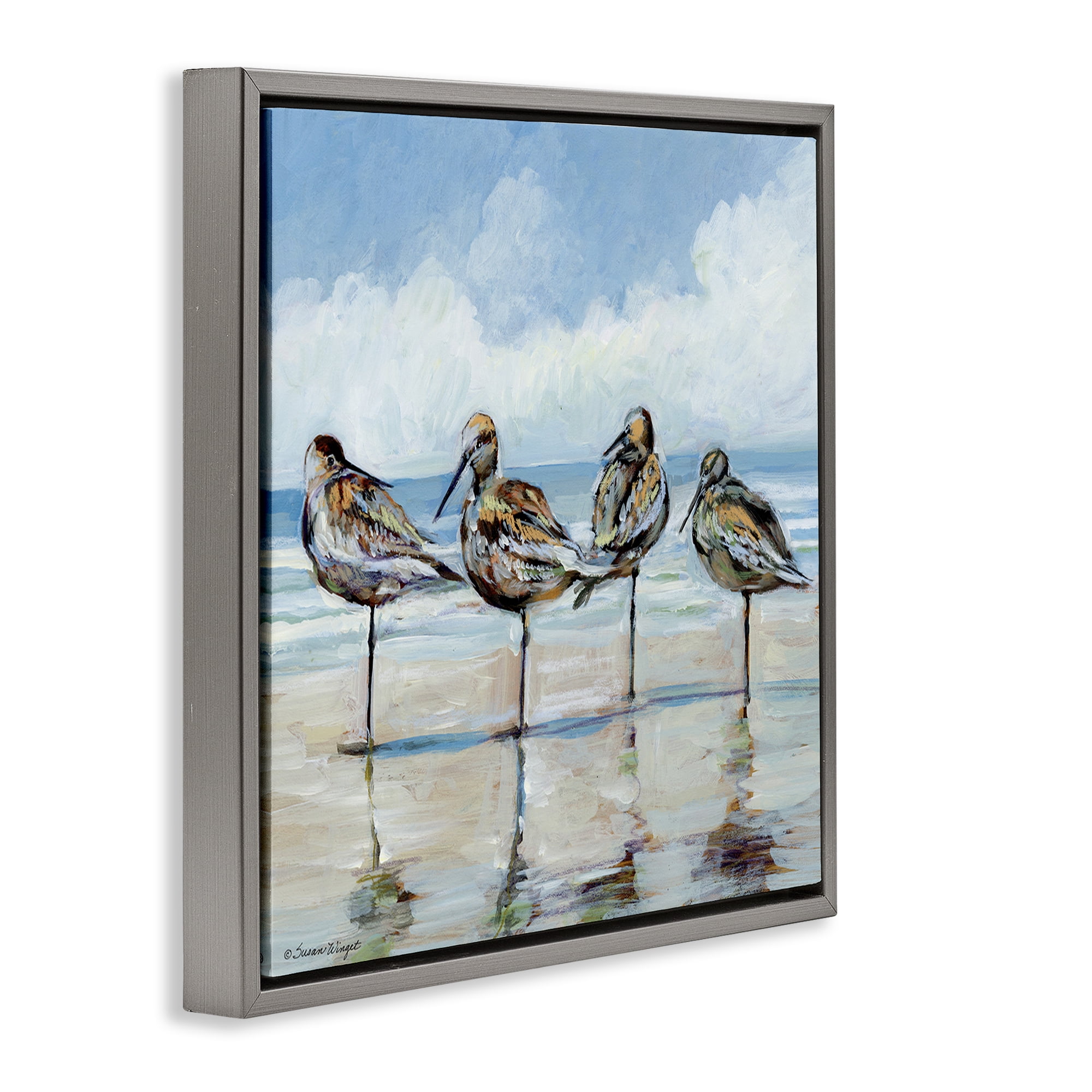 Stupell Industries Sandpipers Balancing On Beach Gray Framed Floater Canvas Wall Art, design by Susan Winget