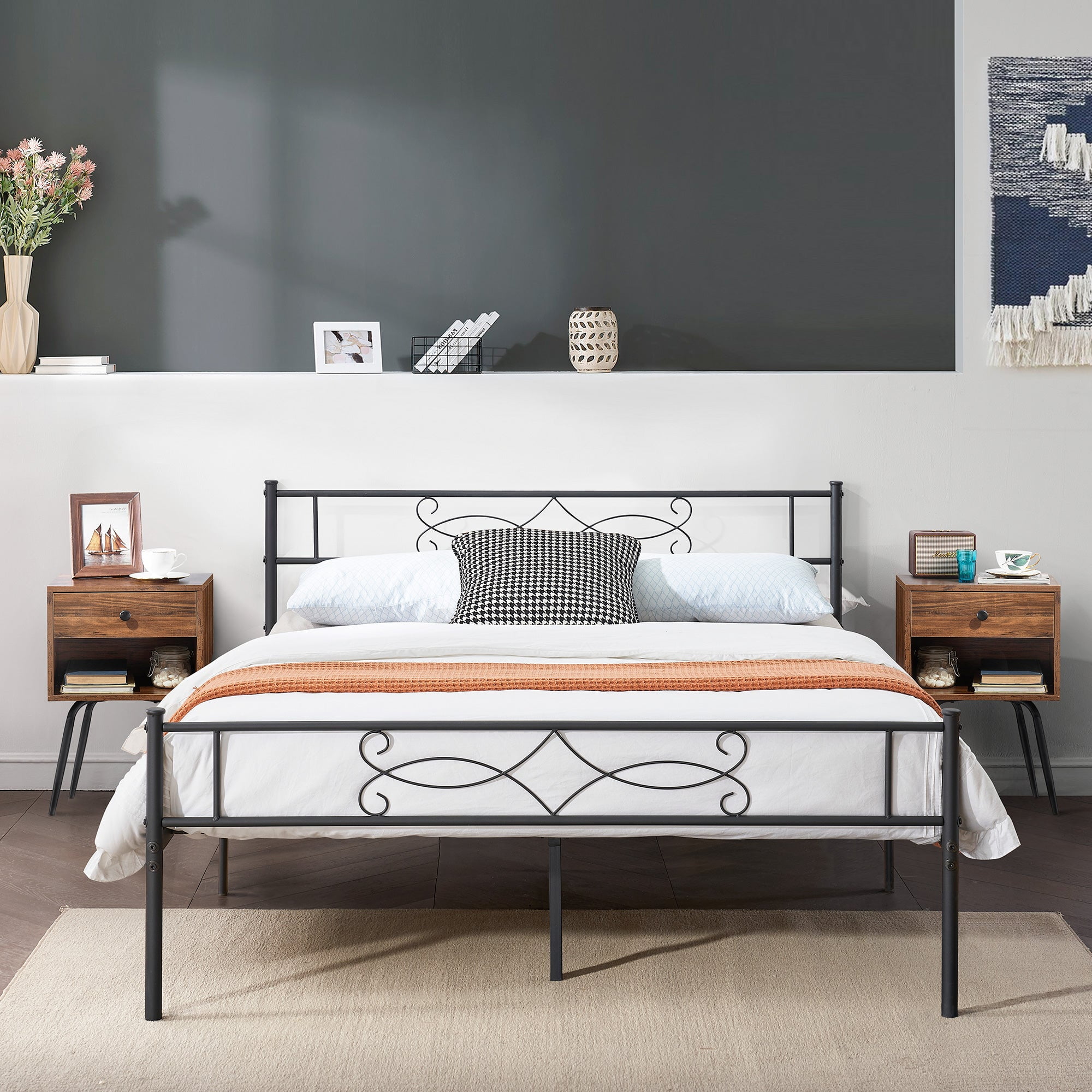 VECELO 3piece Bedroom Set, Metal Bed Frame and Nightstands, Queen Size