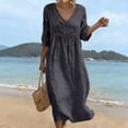 thumbnail image 2 of VBVC Women's Cotton Linen V Neck Midi Dress , Ladies' Hollow Out 3/4 Sleeve Swing Tunic , Casual Summer Beach Vacation Dresses For Women,Black,XS-5XL, 2 of 9