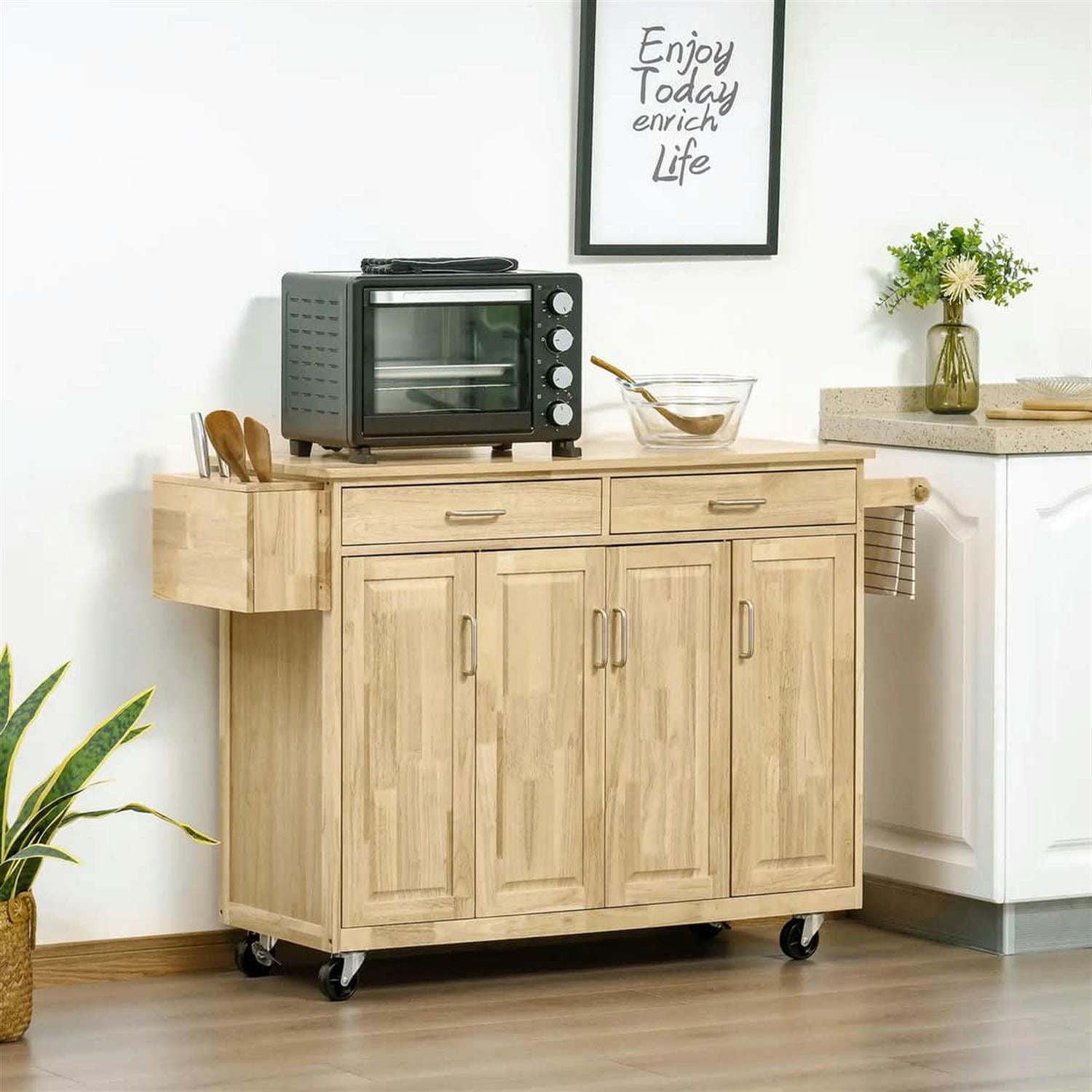 Demi Bonn 50" Rolling Kitchen Island, Natural Hardwood Cart with Drawers & Cabinets, Dining Room Microwave Cart, Wide Storage, Beige