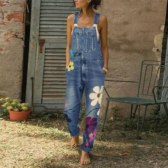 Women's Denim Overalls, Sleeveless Cartoon Print Jumpsuit Romper, Casual Bib Overalls for Women, Trendy Street Style Jumpsuit for Spring Summer Fall Winter Daily Wear-Blue