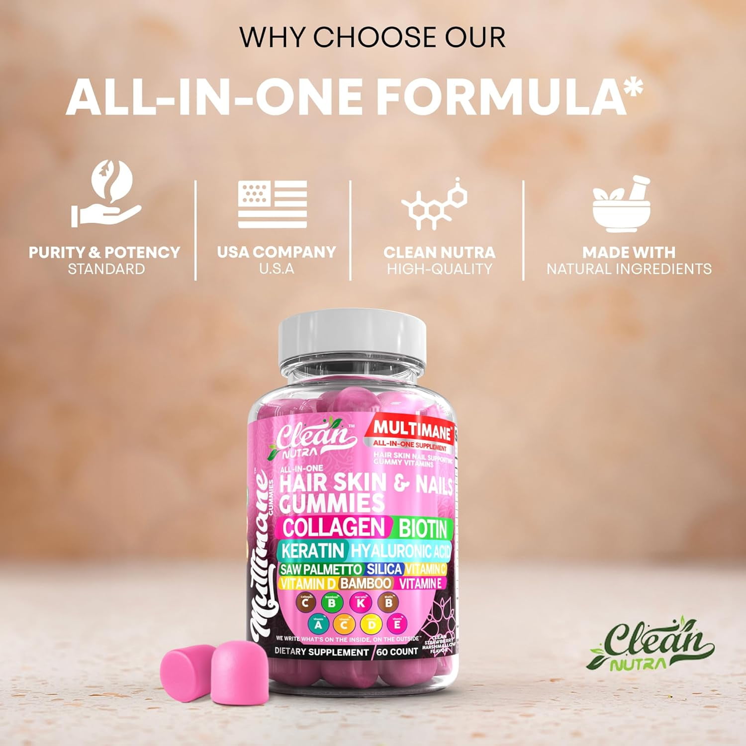 Clean Nutraceuticals Biotin Collagen Keratin Gummies | Hair Skin and Nails Vitamins for Women | Hyaluronic Acid Bamboo Vitamin A C D3 E Folate with Saw Palmetto Silica B3 B12 Vegan Gummy