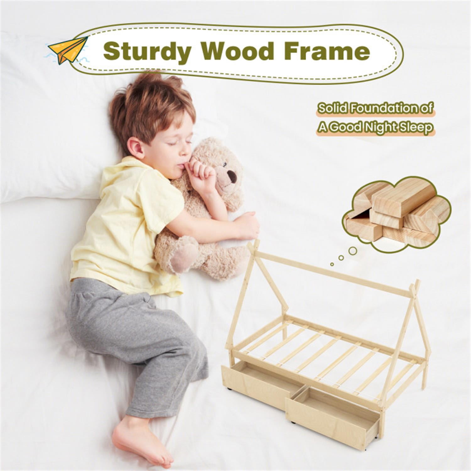 Demi Bonn Twin Size Wooden Tent Platform House Bed Frames with 2 Drawers for Teens, Beige