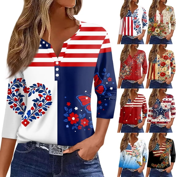 4th Of July T Shirts for Women Summer Patriotic 3/4 Sleeve Tops for Women 250 Anniversary Usa Flag Henley V Neck Button Independence Day 1776 American Flag Floral Print Tee Tops Multicolor XL