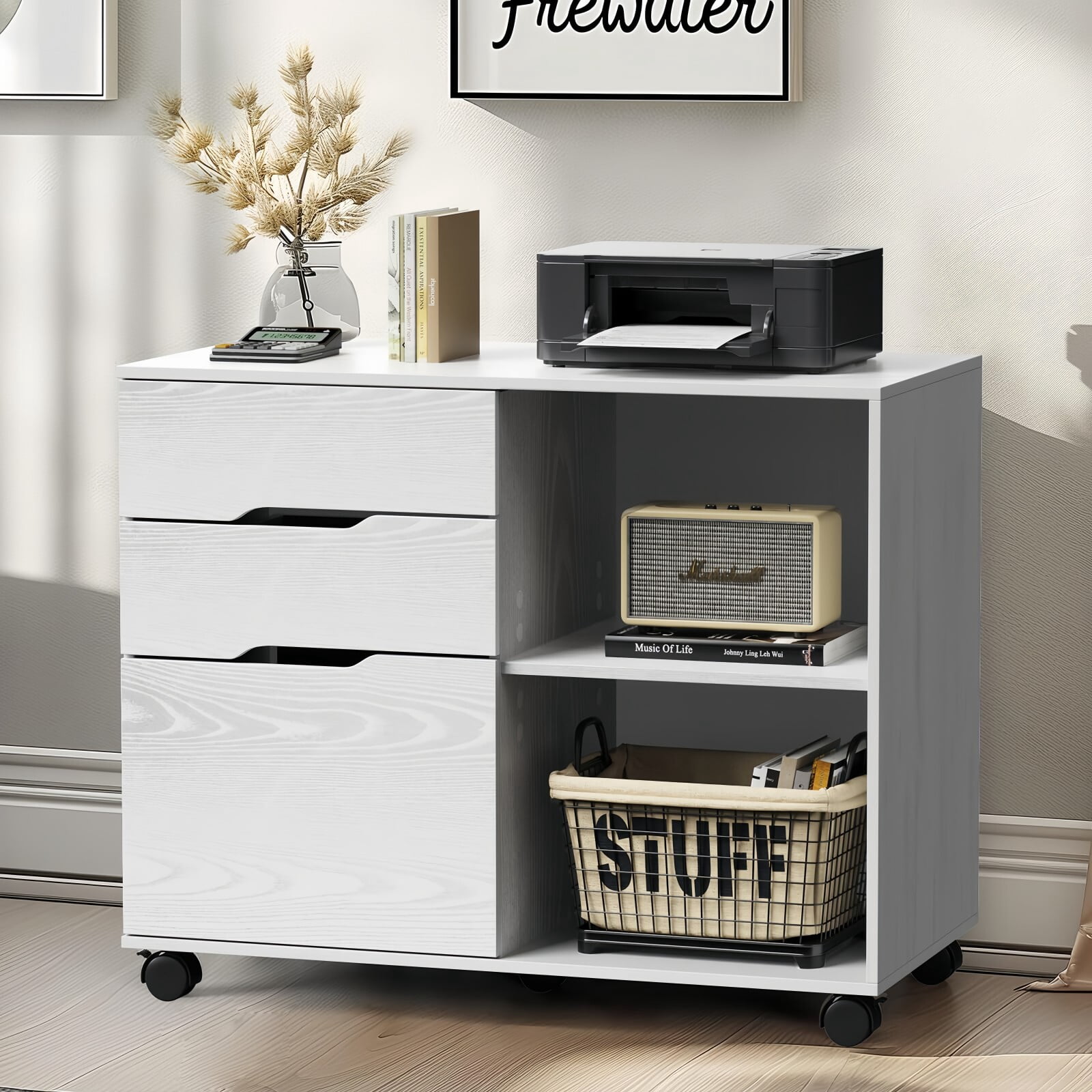 Kelno File Cabinet with 3 Drwaers Lockable Wheel Under Desk Printer Stand Lockable Casters Lateral Filing Cabinet, White
