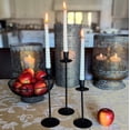 thumbnail image 5 of Modernist Tulip-Top Taper Candle Holders, Set of 3, Artisan Crafted, Drip Catcher Design, Varnished in Black, Iron, 11.75, 10.25, and 7.75 Inches Tall, 5 of 6