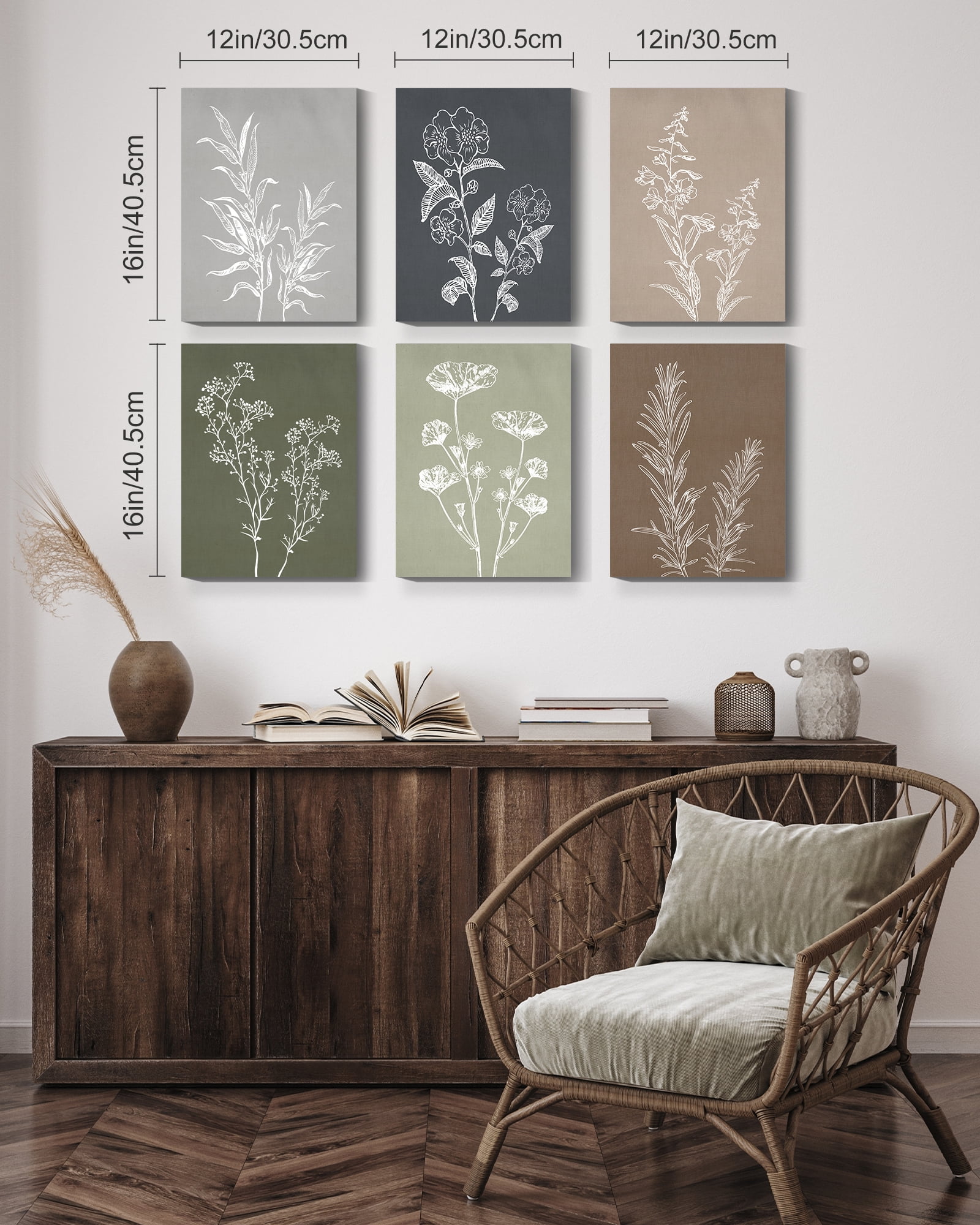 Vintage Botanical Wall Art 12x16inx6pcs Framed Boho Wall Art Decor Wooded Minimalist Print Modern Rustic Farmhouse Home Kitchen Decor
