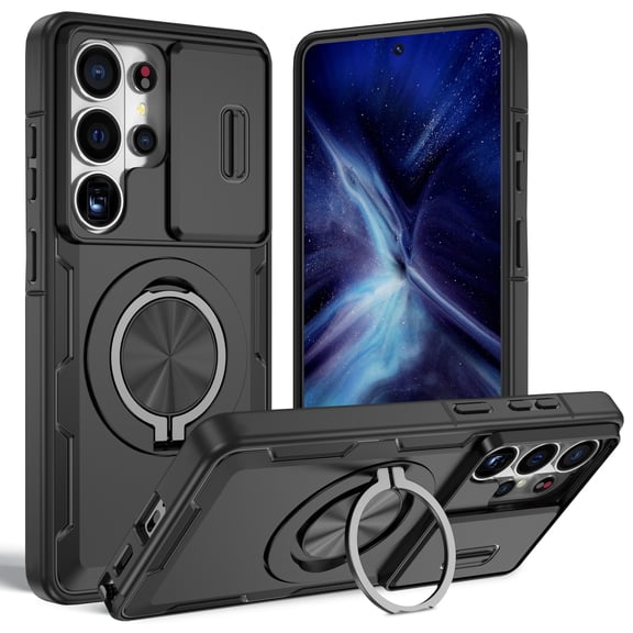 for Samsung Galaxy S26 Ultra Case with Magnetic Wireless Charging, 360° Rotating Ring Stand Ultra Slim Hybrid Shockproof Protective Men Women Phone Case Sliding Camera Lens Cover, Black