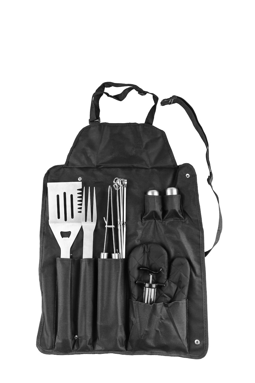 PitMaster King Complete BBQ Grill 14pc Stainless Steel Tools Set with Storage Apron for Indoor & Outdoor Cooking