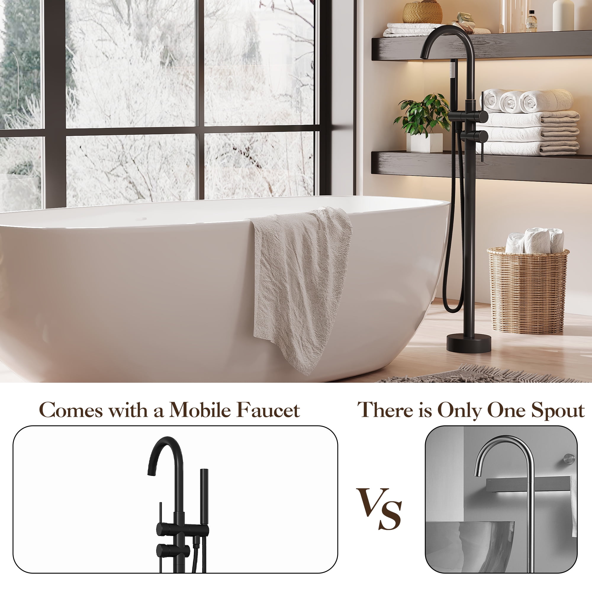 Bathtub Faucet, Floor Mount Bathtub Faucet Freestanding Tub Faucet Standing Bathtub Filler, High-Flow Bath Shower Faucet with Handheld Sprinkler