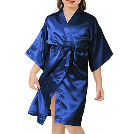 Kids Girl s Silky Satin Kimono Robe for Spa Wedding Birthday Party Solid Color Lingerie Sleepwear Children s Gifts Blue 2 8 11