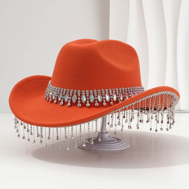 TINZ Stylish Cowboy Hat For Women And Men Western Hat With Large Round Gemstone Fringe Rhinestone Decorations For Parties And Events Cowboy Hat Party Necklace Cowboy Hat