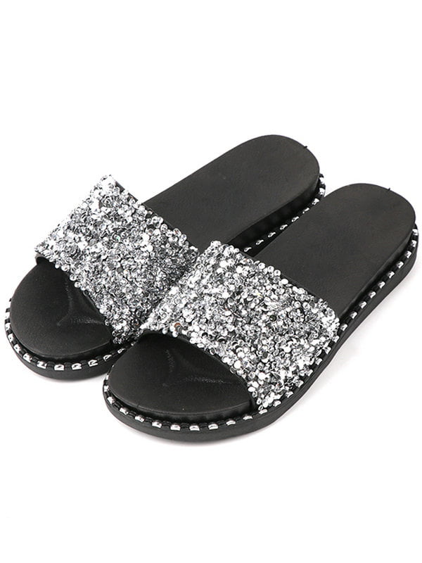 Pccdrv Women's Casual Glitter Rhinestone Slip On Flat Slippers Sandals ...
