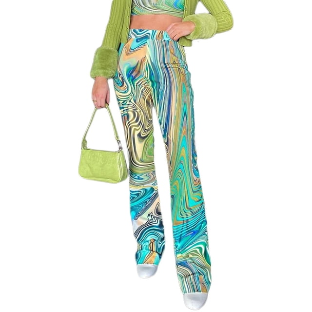 Female Long Pants Water Ripple Print High Waist Flared Trousers