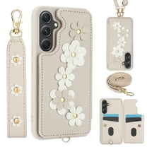 for Samsung Galaxy S24 Plus Card Slots Back Case with Magnetic Snap Shoulder Strap & Wrist Strap Kickstand, 3D Flower Decoration for Girls Elegant Phone Case Cover for Samsung Galaxy S24 Plus, White