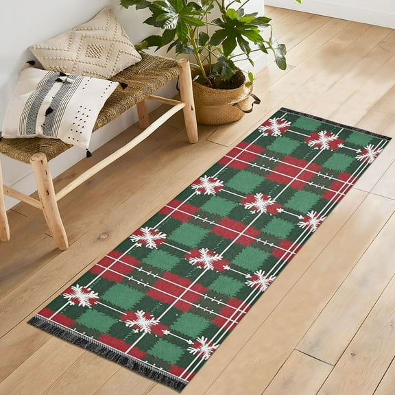 Ryvnso Checkered Christmas Snowflake Bedroom Runner Rug 2'x6' Hallway Area Carpet Non Slip Entryway Mat with Tassels