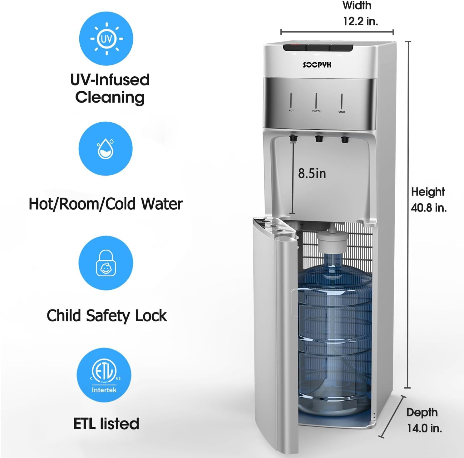Self Cleaning Bottom Load Water Cooler Dispenser for 3-5 Gallon Bottles,Hot Cold and Room, Child Safety Lock, LED Display with Empty Bottle Alert, Silver